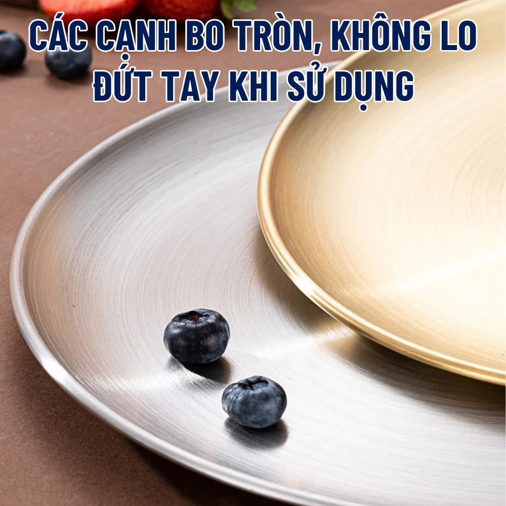 Sét đĩa inox tròn Hàn Quốc màu bạc và vàng, đựng thực phẩm, hoa quả, trang trí, dễ vệ sinh