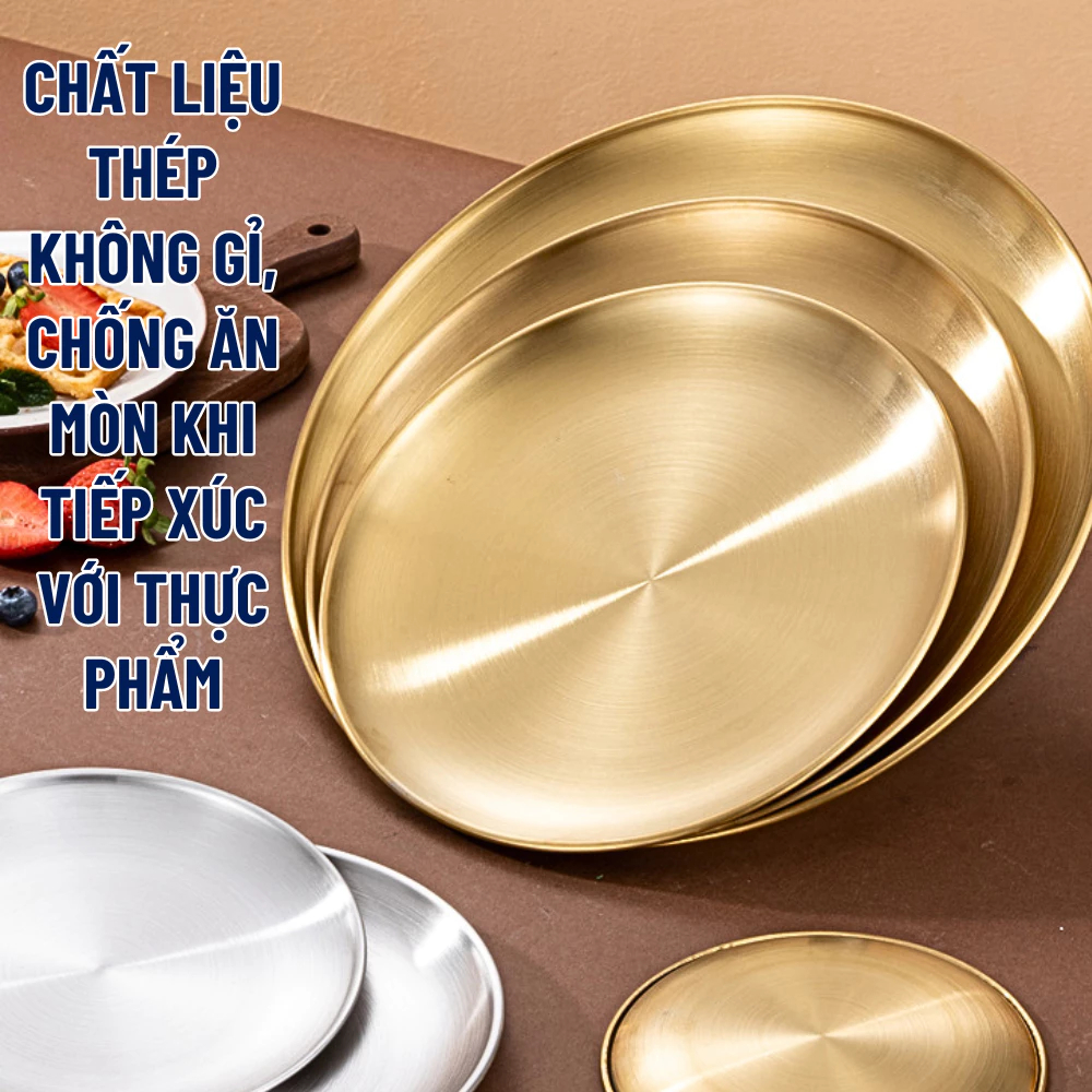Sét đĩa inox tròn Hàn Quốc màu bạc và vàng, đựng thực phẩm, hoa quả, trang trí, dễ vệ sinh