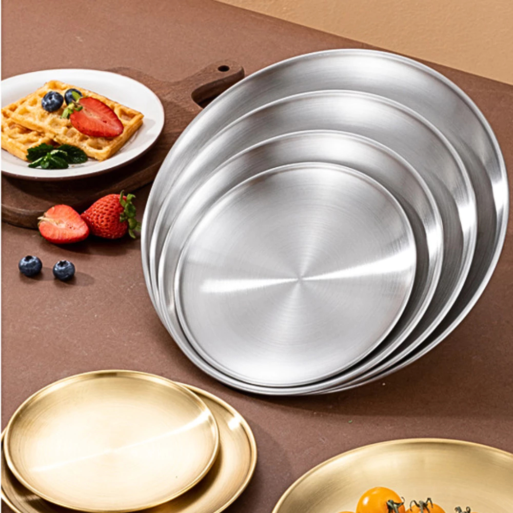 Sét đĩa inox tròn Hàn Quốc màu bạc và vàng, đựng thực phẩm, hoa quả, trang trí, dễ vệ sinh