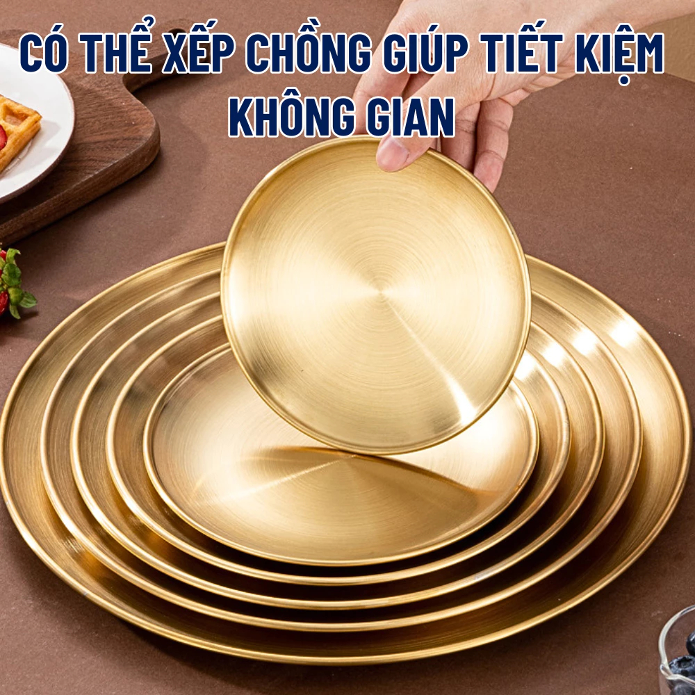 Sét đĩa inox tròn Hàn Quốc màu bạc và vàng, đựng thực phẩm, hoa quả, trang trí, dễ vệ sinh