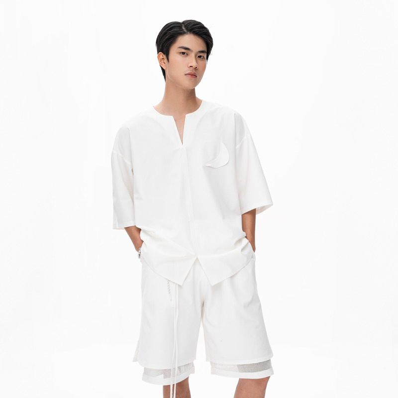 Set đồ nam đi biển - Áo sơ mi trắng linen sợi dệt + quần short lót lưới Villa Wings