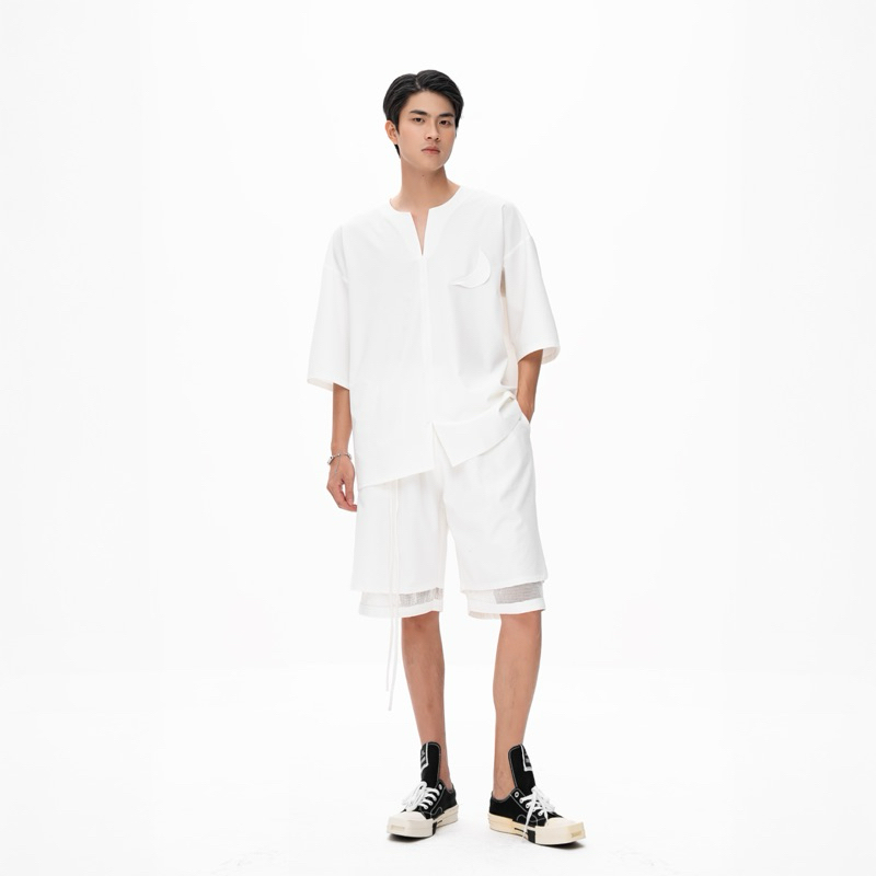 Set đồ nam đi biển - Áo sơ mi trắng linen sợi dệt + quần short lót lưới Villa Wings