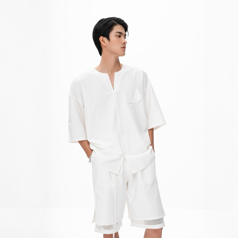 Set đồ nam đi biển - Áo sơ mi trắng linen sợi dệt + quần short lót lưới Villa Wings