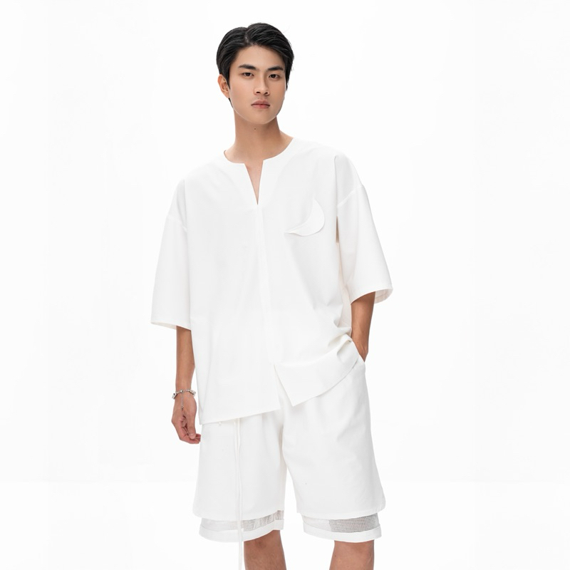 Set đồ nam đi biển - Áo sơ mi trắng linen sợi dệt + quần short lót lưới Villa Wings