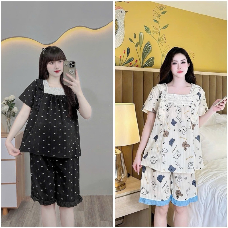 Bộ bầu - bộ sau sinh - BỘ LỬNG ĐŨI GÂN HÌNH CỔ VUÔNG REN NƠ - 5 Màu, Áo Có Khoá Kéo & Quần Có Chun Chỉnh