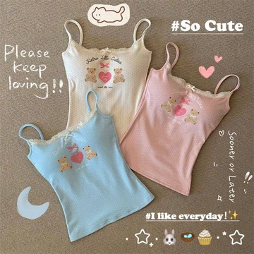 (Có Sẵn) Áo Croptop, Áo Hai Dây Nữ In Gấu Trái Tim CÓ ĐỆM MÚT, Phong Cách Hàn Quốc Đáng Yêu Cho Nữ, Thoáng Mát 398