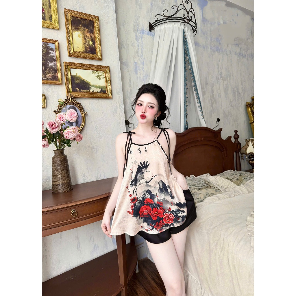 Bộ yếm nữ cao cấp họa tiết 3D chất liệu gấm phối quần latin mềm mịn, mặc thoải mái khi ngủ s1238-3