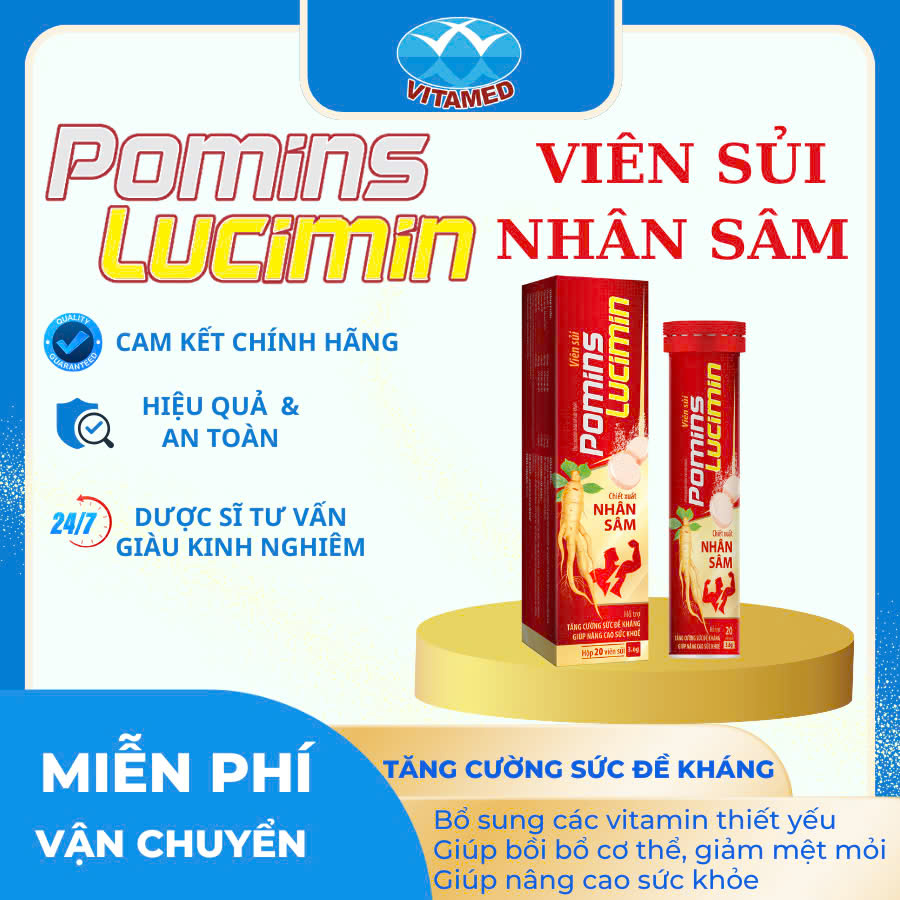 Viên Sủi Sâm Pomin Lucimin Hộp 20 Viên - Chiết Xuất Nhân Sâm Và Vitamin, Hỗ Trợ Tăng Cường Sức Đề Kháng
