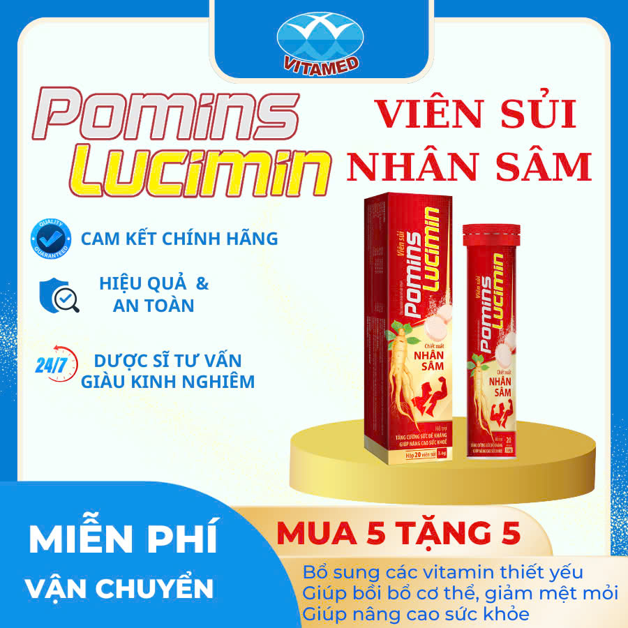 Viên Sủi Sâm Pomin Lucimin Hộp 20 Viên - Chiết Xuất Nhân Sâm Và Vitamin, Hỗ Trợ Tăng Cường Sức Đề Kháng