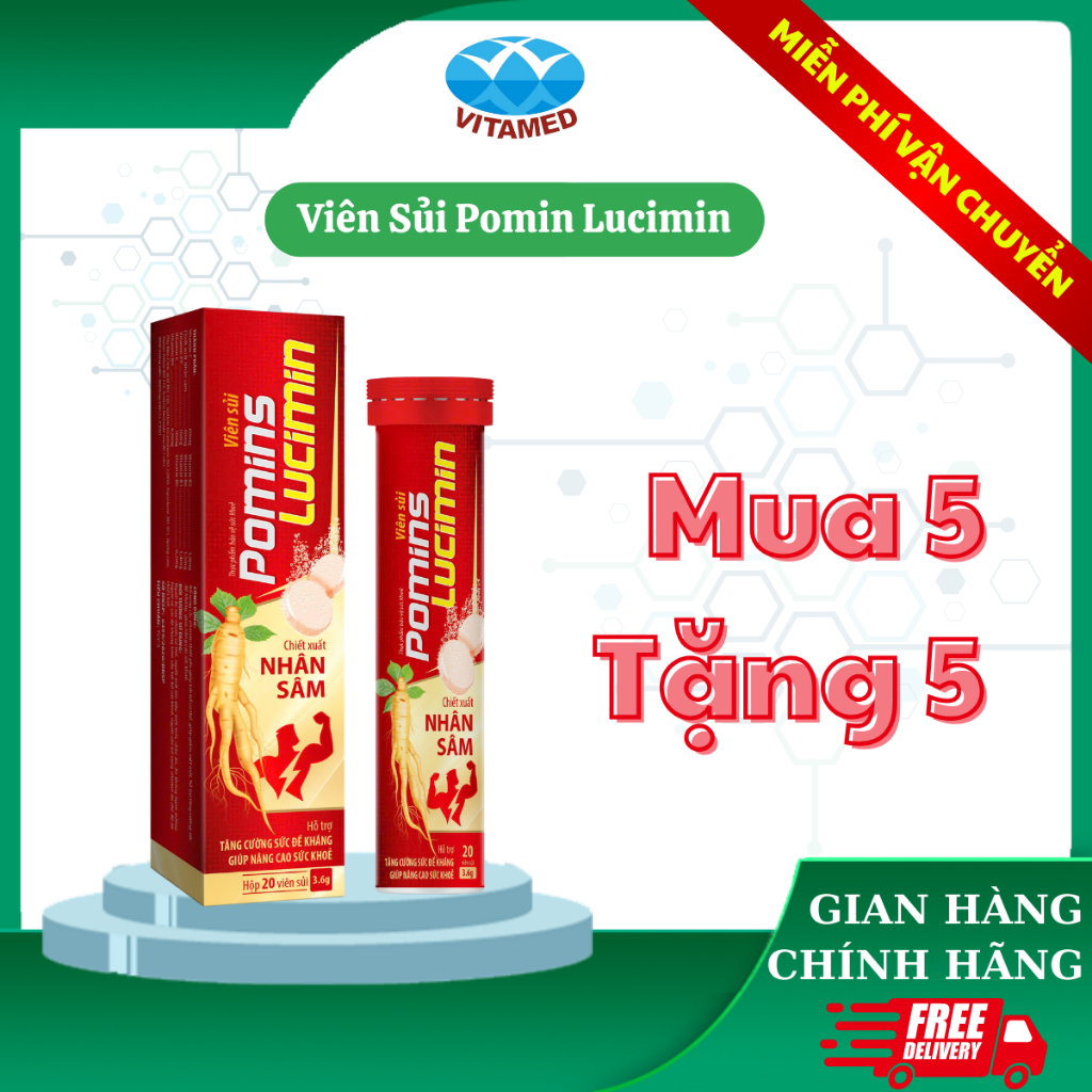 Viên Sủi Sâm Pomin Lucimin Hộp 20 Viên - Chiết Xuất Nhân Sâm Và Vitamin, Hỗ Trợ Tăng Cường Sức Đề Kháng
