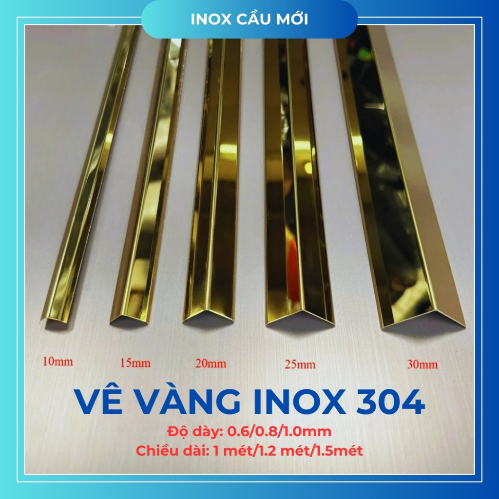 Nẹp V Vàng bóng inox 304, kích thước 10mm, 15mm, 20mm, 25mm, 30mm, độ dày 0.6mm, 0.8mm, 1mm