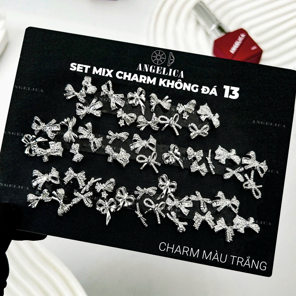 Set 50 Charm Không Đá Nail Kim Loại  Ánh Bạc ANGELICA Cao Cấp - Trang Trí Móng Nail
