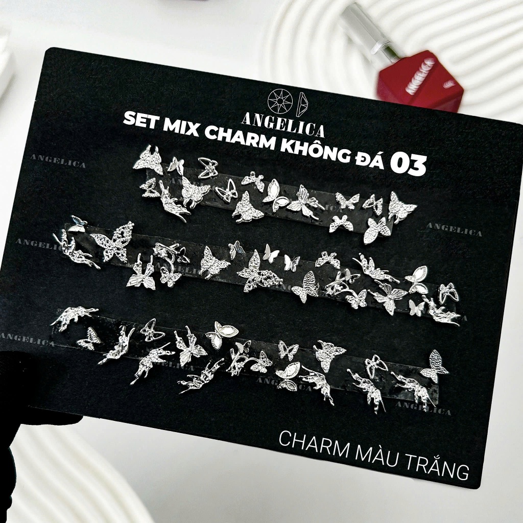 Set 50 Charm Không Đá Nail Kim Loại  Ánh Bạc ANGELICA Cao Cấp - Trang Trí Móng Nail