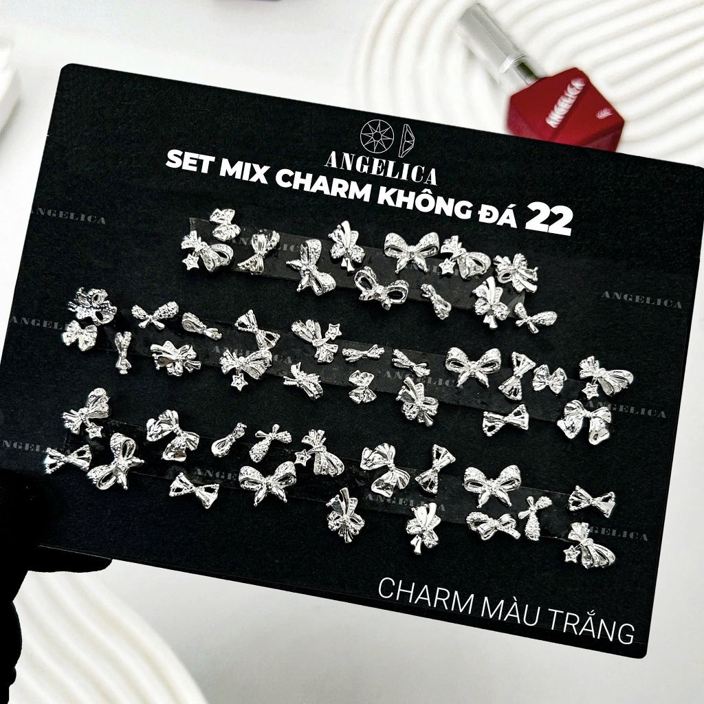 Set 50 Charm Không Đá Nail Kim Loại  Ánh Bạc ANGELICA Cao Cấp - Trang Trí Móng Nail