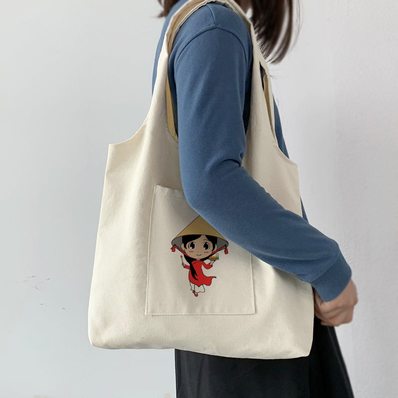 Túi vải Canvas liền thân in họa tiết Nón Lá và Tà Áo Dài xinh xắn, giá rẻ, túi Tote, đeo vai phù hợp đi làm, đi chơi.