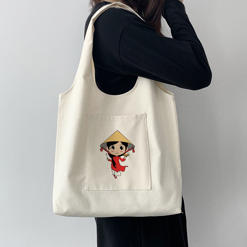 Túi vải Canvas liền thân in họa tiết Nón Lá và Tà Áo Dài xinh xắn, giá rẻ, túi Tote, đeo vai phù hợp đi làm, đi chơi.