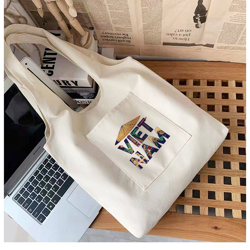 Túi vải Canvas in họa tiết CHỮ VIỆT NAM CÁCH ĐIỆU xinh xắn, giá rẻ,túi Tote liền thân đeo vai phù hợp đi làm, đi chơi