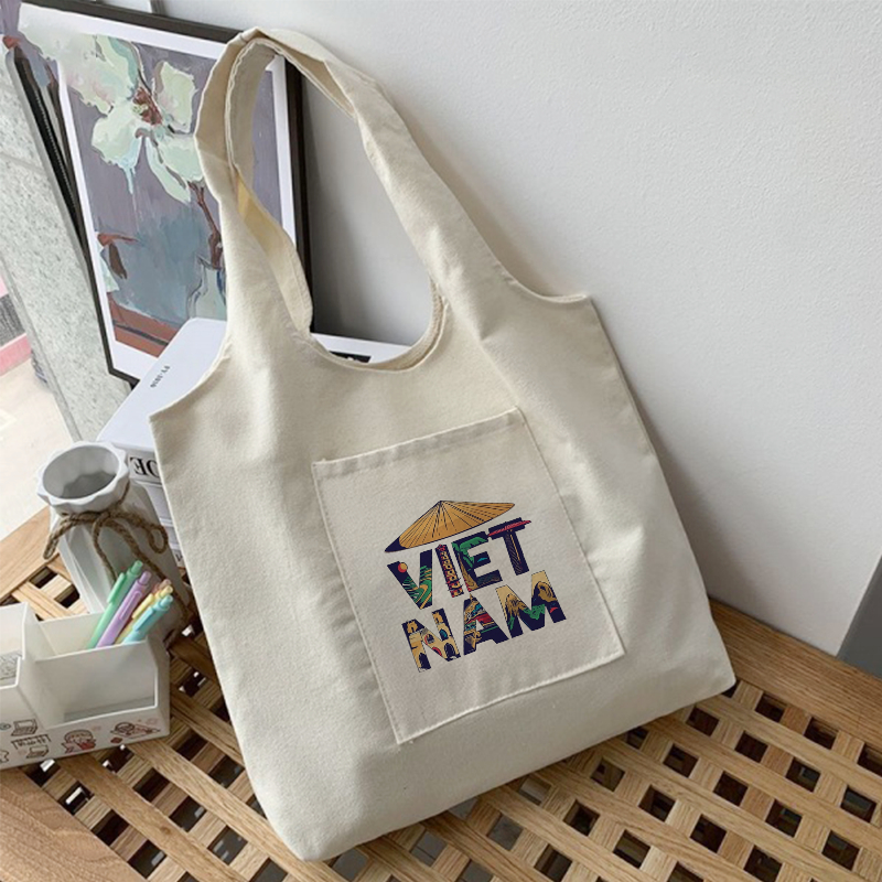 Túi vải Canvas in họa tiết CHỮ VIỆT NAM CÁCH ĐIỆU xinh xắn, giá rẻ,túi Tote liền thân đeo vai phù hợp đi làm, đi chơi