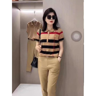 Áo len nữ cộc tay cổ đức hoạ tiết bbr kẻ siêu sắc nét, chất len ép dày dặn loại một free size 954