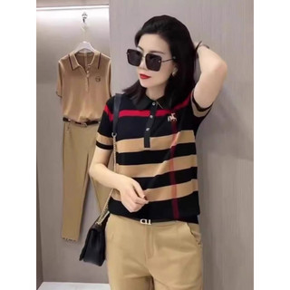 Áo len nữ cộc tay cổ đức hoạ tiết bbr kẻ siêu sắc nét, chất len ép dày dặn loại một free size 954