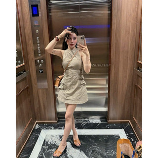 [V1.967] Váy Kaki Sát Nách 2 Lớp Dáng Suông Đính Nơ Bên Siêu Xinh