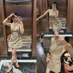 Váy Kaki Sát Nách 2 Lớp Dáng Suông Đính Nơ Bên Siêu Xinh