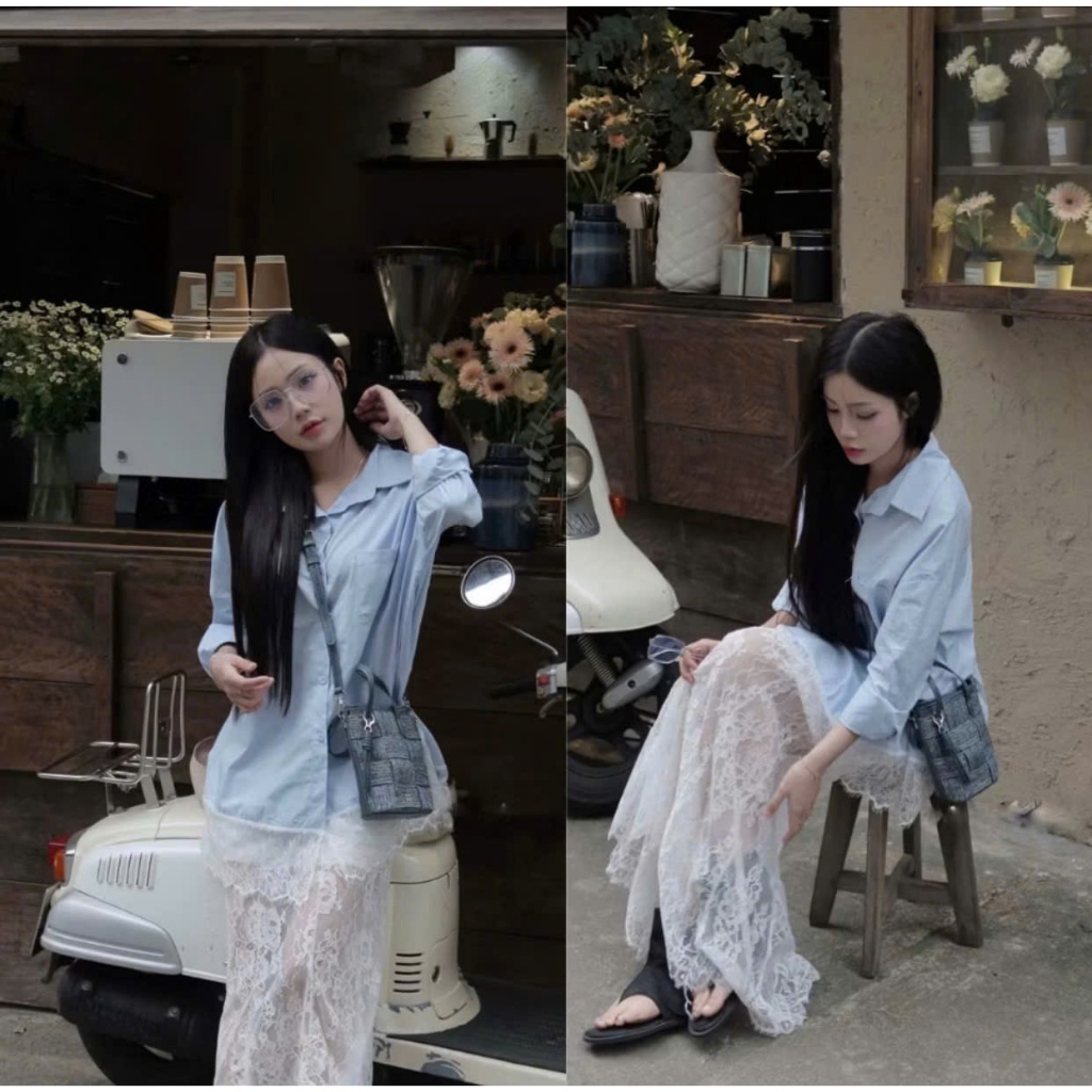 Chân váy ren hoa đuôi cá dàng dài trong suốt hai lớp sang chảnh LALA V13