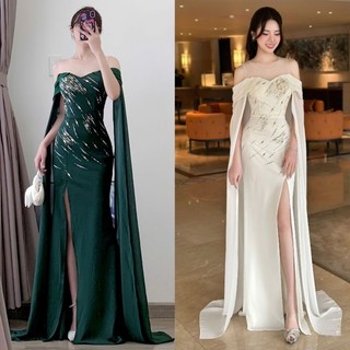 Đầm dạ hội thiết kế rớt vai phối lưới choàng cao cấp mm 2025