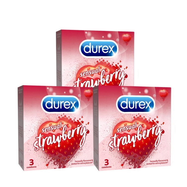 Ảnh Bộ 3 hộp Durex Sensual Strawberry hương dâu (size 53mm, 3 bao/hộp) 1