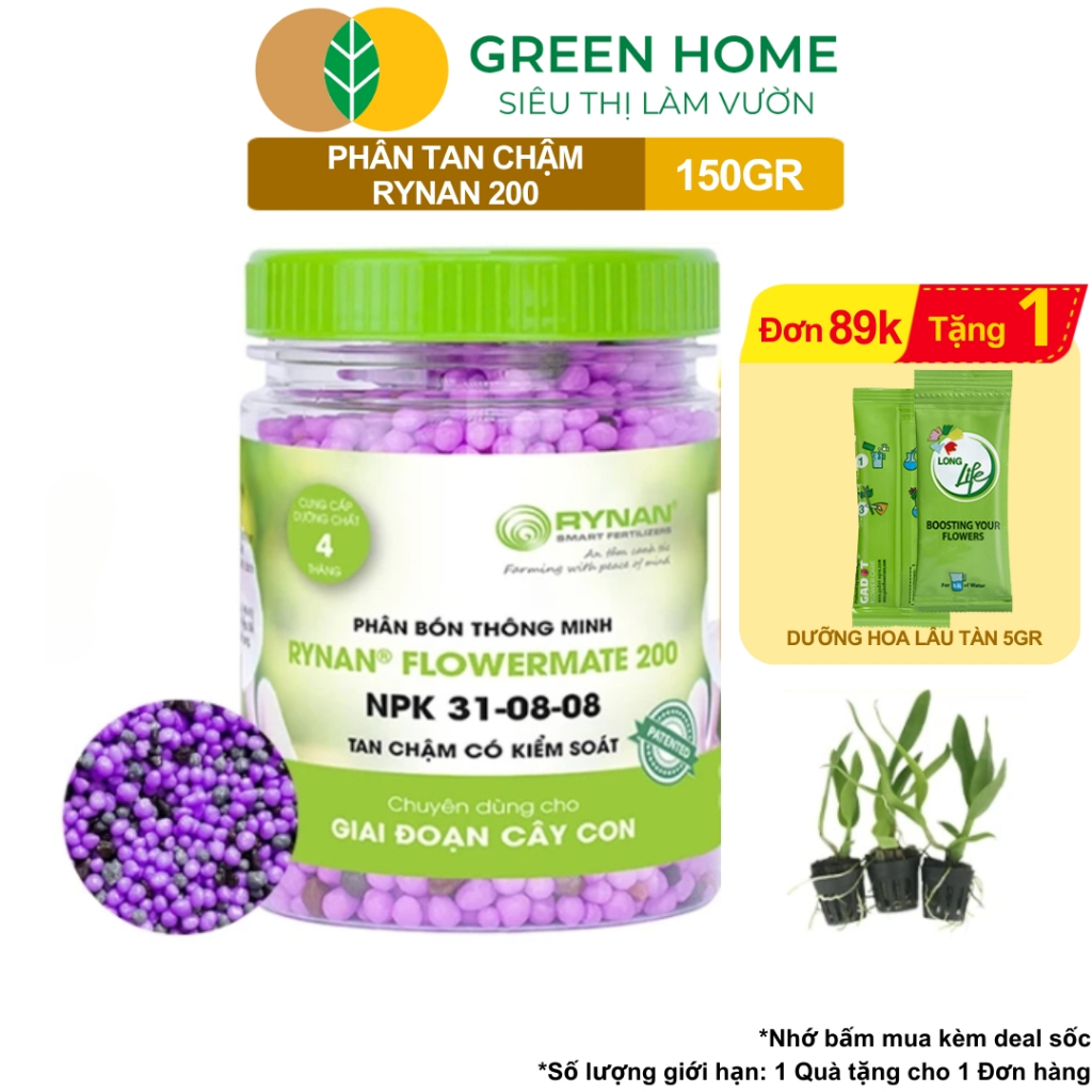 Phân Tan Chậm Rynan 200 Greenhome (150gr): Kích Chồi Lan Con, Bonsai Khỏe Mạnh 120 Ngày