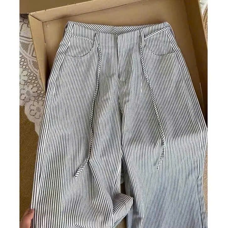 Quần Ống Rộng  kẻ sọc chất vải kaki mềm lưng cao tôn dáng form ống suông dây rút khuy cài dễ phối đồ