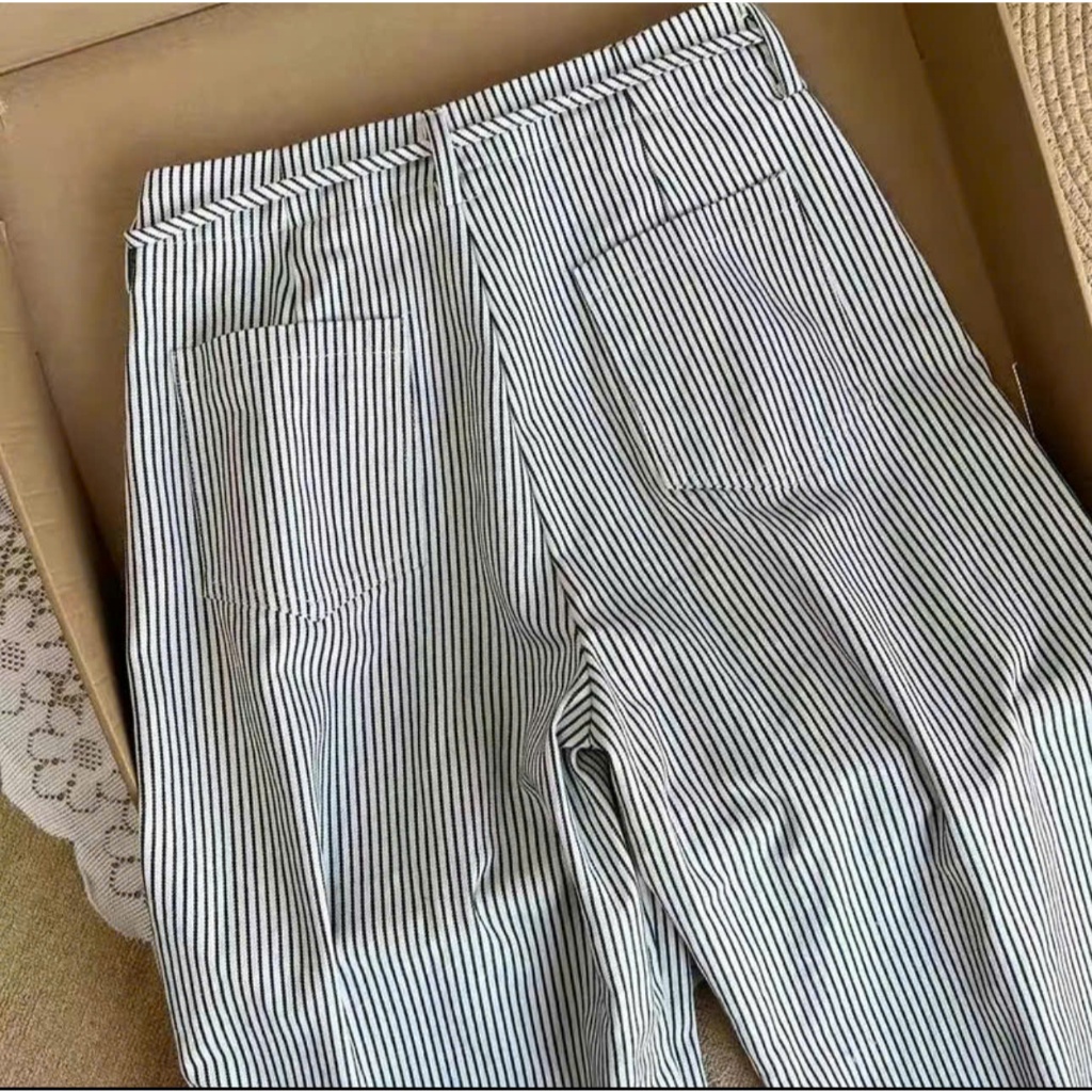 Quần Ống Rộng  kẻ sọc chất vải kaki mềm lưng cao tôn dáng form ống suông dây rút khuy cài dễ phối đồ