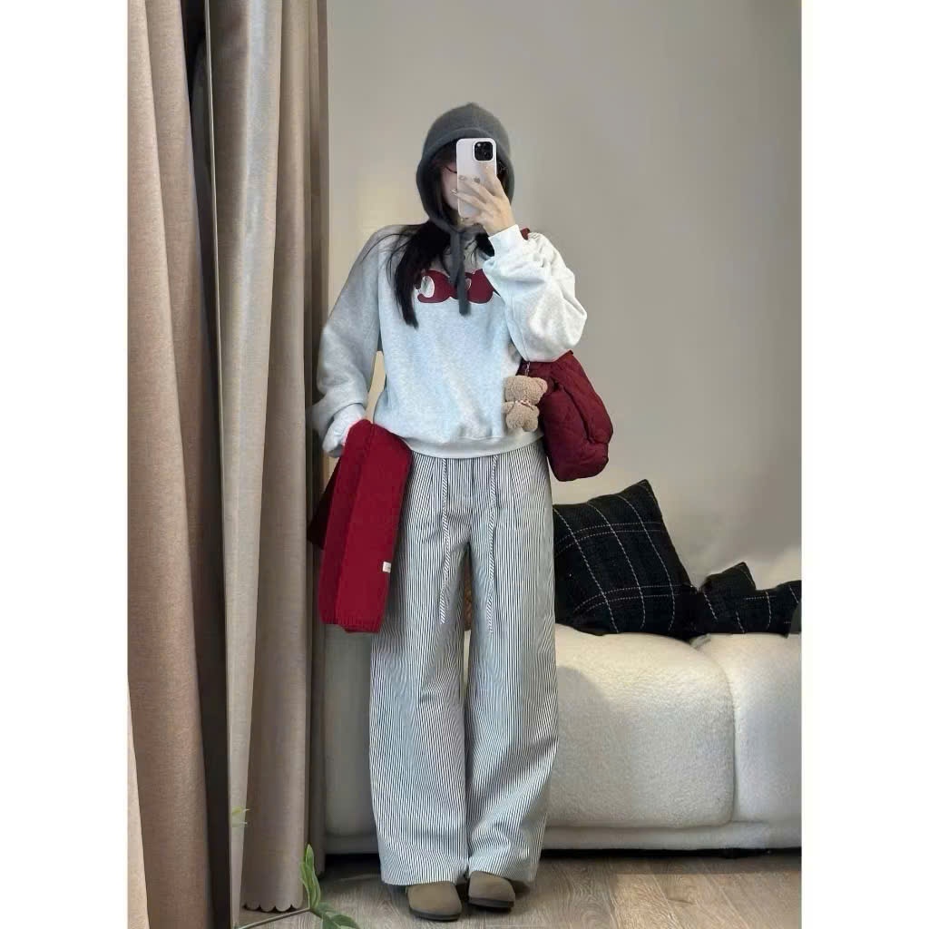 Quần Ống Rộng  kẻ sọc chất vải kaki mềm lưng cao tôn dáng form ống suông dây rút khuy cài dễ phối đồ