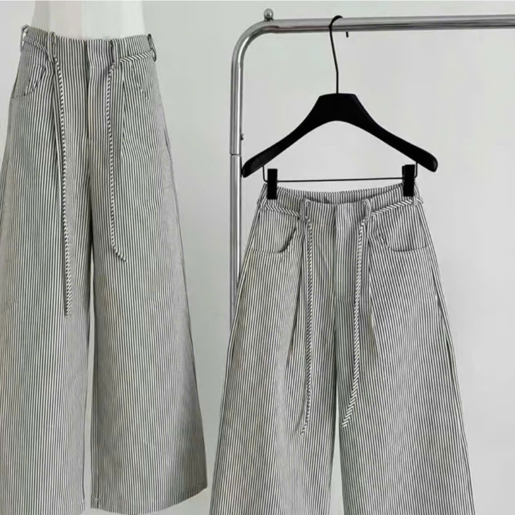 Quần Ống Rộng  kẻ sọc chất vải kaki mềm lưng cao tôn dáng form ống suông dây rút khuy cài dễ phối đồ