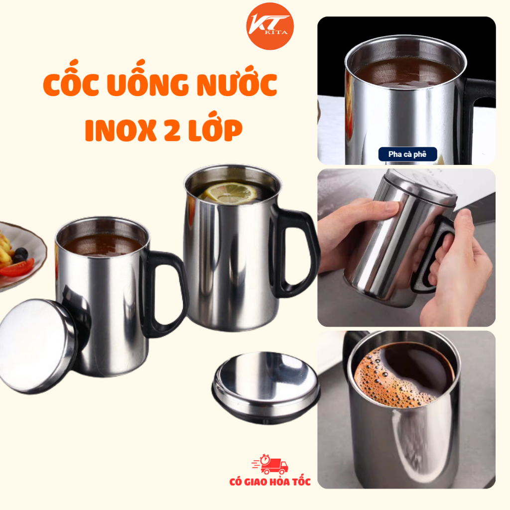 Cốc uống nước inox 2 lớp có nắp đậy, cốc inox cách nhiệt có quai, có ...