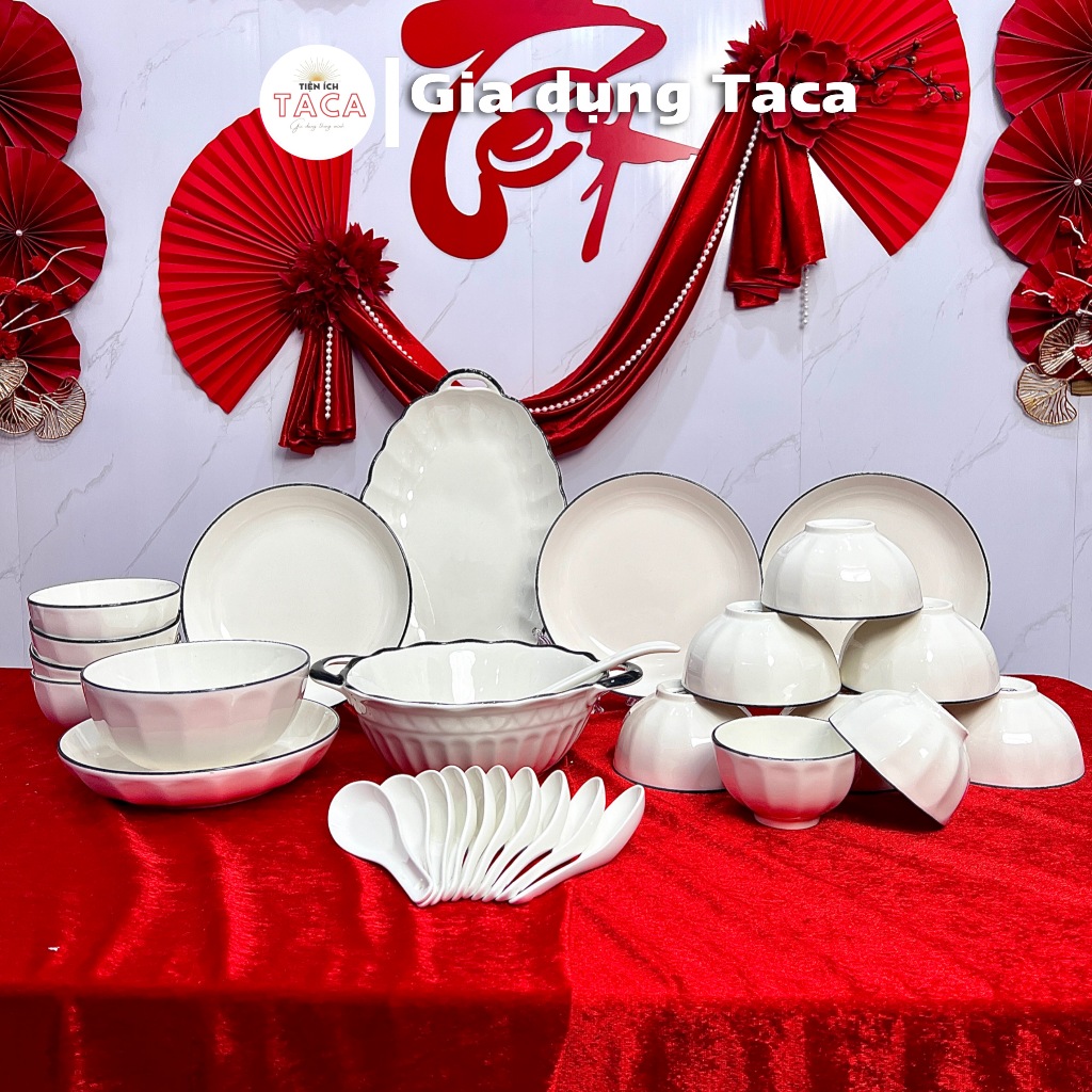 Bộ Bát Đĩa Xoắn Trắng Viền Đen 19 Món Tặng 1 Muôi Sứ và 10 Thìa Sứ