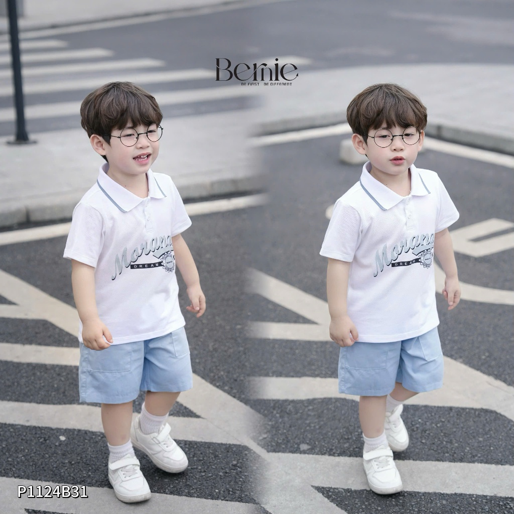 Bộ polo cộc tay morango phối quần kaki, set bộ polo cổ đức cộc tay bé trai P1124B31