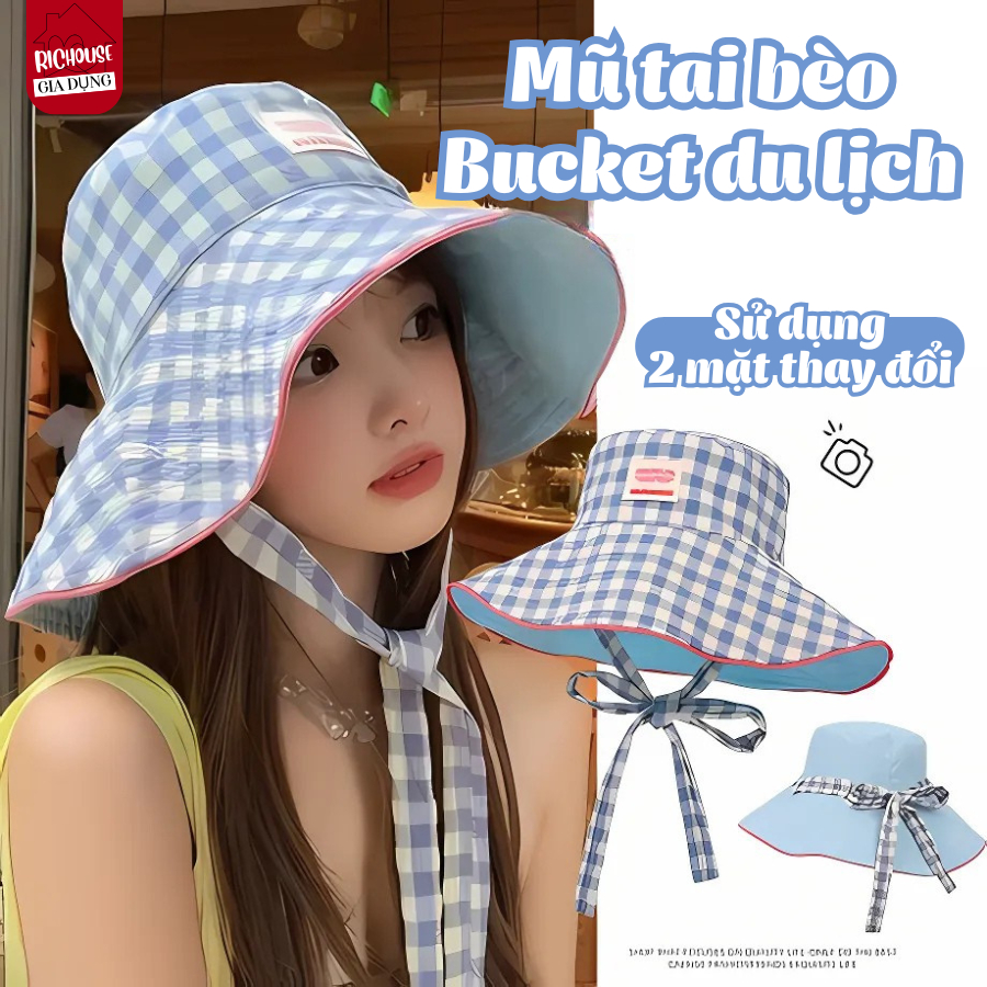Mũ Tai Bèo Chống Nắng Vành Rộng 2 Mặt Họa Tiết Caro-Trơn Màu Pastel,  Mũ Bucket Dây Nơ Đi Biển