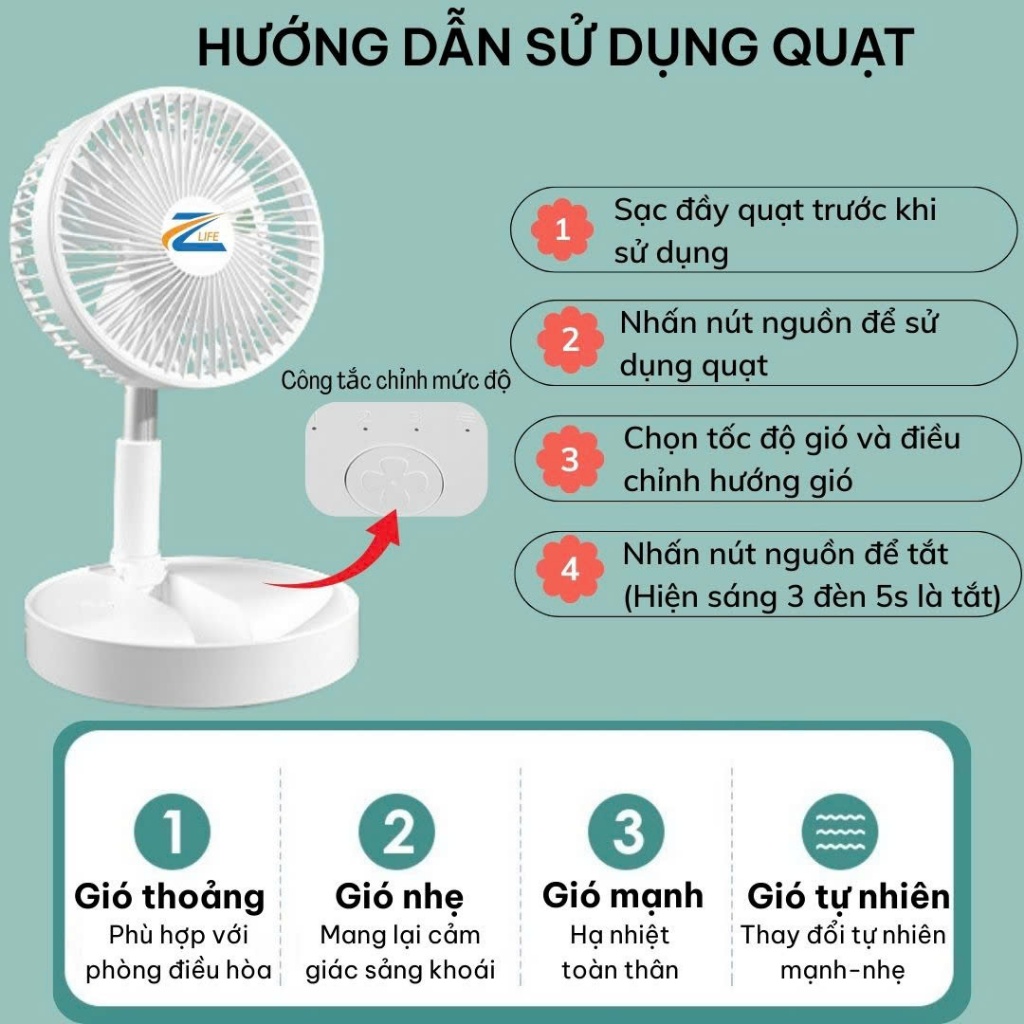 Quạt Tích Điện Pin Trâu Loại To 15000 mAh Z24, Quạt Sạc Điện 4 Cấp Độ Gió Chính Hãng Zlife