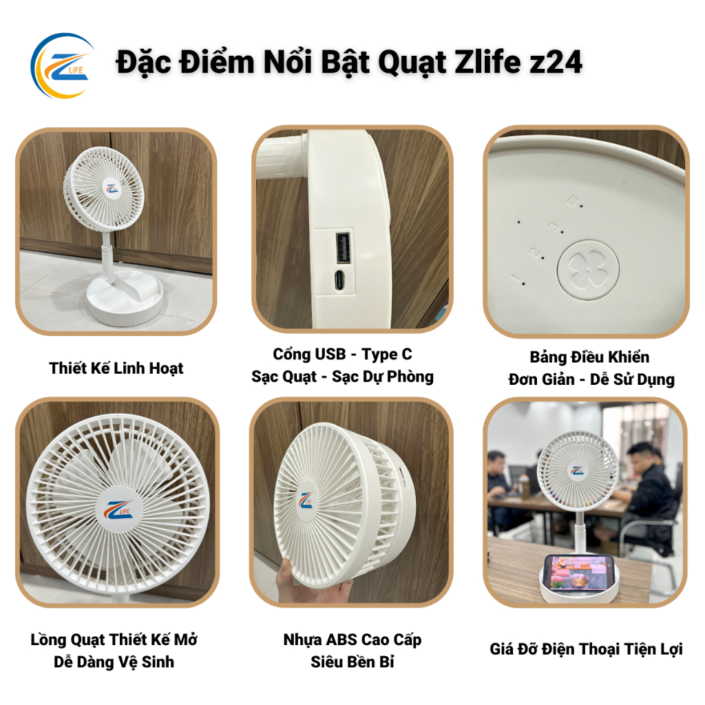 Quạt Sạc Tích Điện z24 Pin Trâu Tới 20 Giờ Sử Dụng, Quạt Để Bàn Văn Phòng Kéo Dài Gấp Gọn Đa Năng