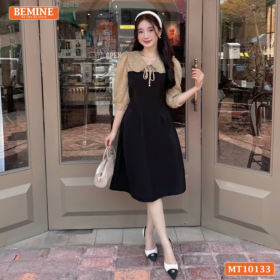Ảnh Đầm thiết kế BEMINE cổ V phối ren thêu hoa tay lửng dáng chữ A phù hợp đi làm, đi chơI-MT10133 1