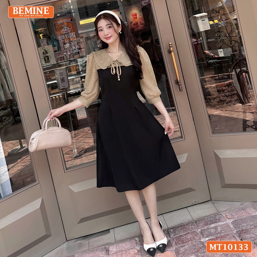 Ảnh Đầm thiết kế BEMINE cổ V phối ren thêu hoa tay lửng dáng chữ A phù hợp đi làm, đi chơI-MT10133 4