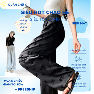 Quần Lụa Ống Rộng Có Hoạ Tiết Chữ In Nhung, Cạp Chun Có Dây Rút Lưng Cao,Tôn Dáng