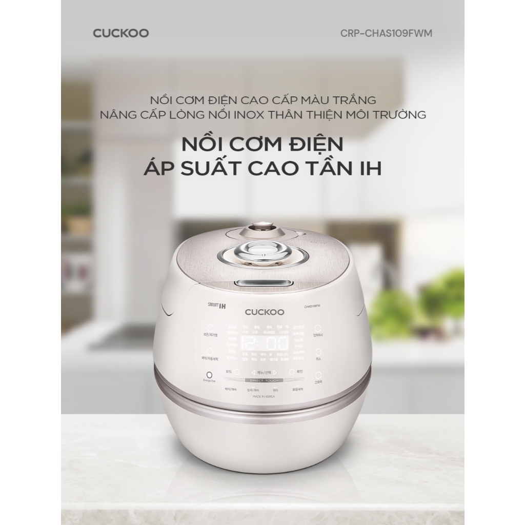 Ảnh Nồi cơm điện tử áp suất cao tần Cuckoo 1.8L CRP-CHAS109FW (Màu Trắng) - Lòng nồi INOX chống trầy xước - Cuckoovina 2