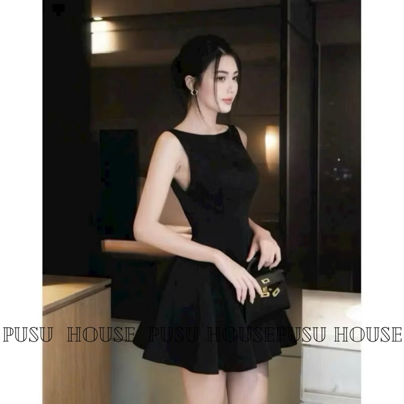 Đầm dự tiệc dáng xoè cổ thuyền hở lưng có mút sẵn chất taffa Nhật đứng form sang trọng - PUSU HOUSE