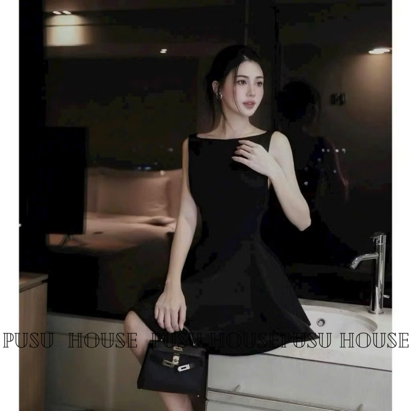 Đầm dự tiệc dáng xoè cổ thuyền hở lưng có mút sẵn chất taffa Nhật đứng form sang trọng - PUSU HOUSE