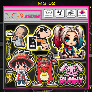 Bộ combo sticker dán xe máy, xe điện, laptop gấu mặt quỷ, Dragon, thỏ rabbit, sonic, labubu, thỏ bunny