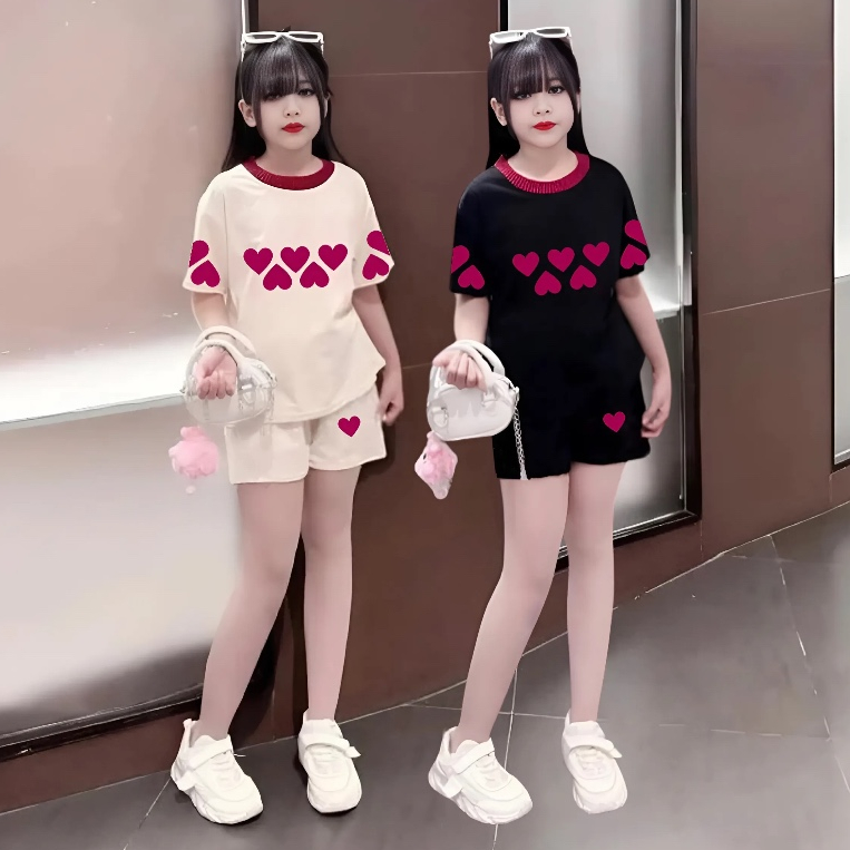 4-15 tuổi, Bộ quần áo cho bé gái in hình trái tim, chất vải cotton thấm hút mồ hôi thoải mái cho bé.M27