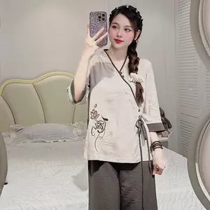 Bộ Đồ Lam Nữ Pháp Phục Nữ Đi Chùa - Hoa Tiết Hoa Sen Thêu Chất Liệu Vải Đủi Vân Mây Mềm Mịn - DL004