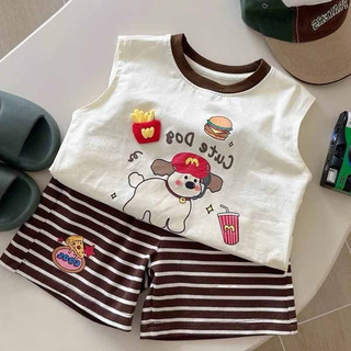 Set áo sát nách in hoạt hình + quần kẻ sọc phong cách mới cho bé